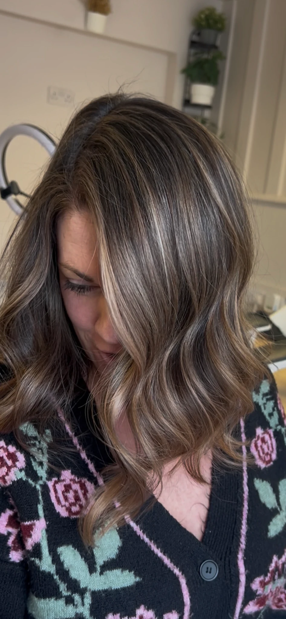 Bespoke dimensional brunette grey blending with polished soft waves